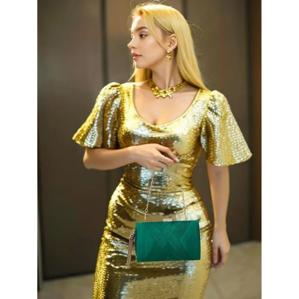 Women Clutch Purse Evening Formal Shoulder Crossbody Tassel Bag Green